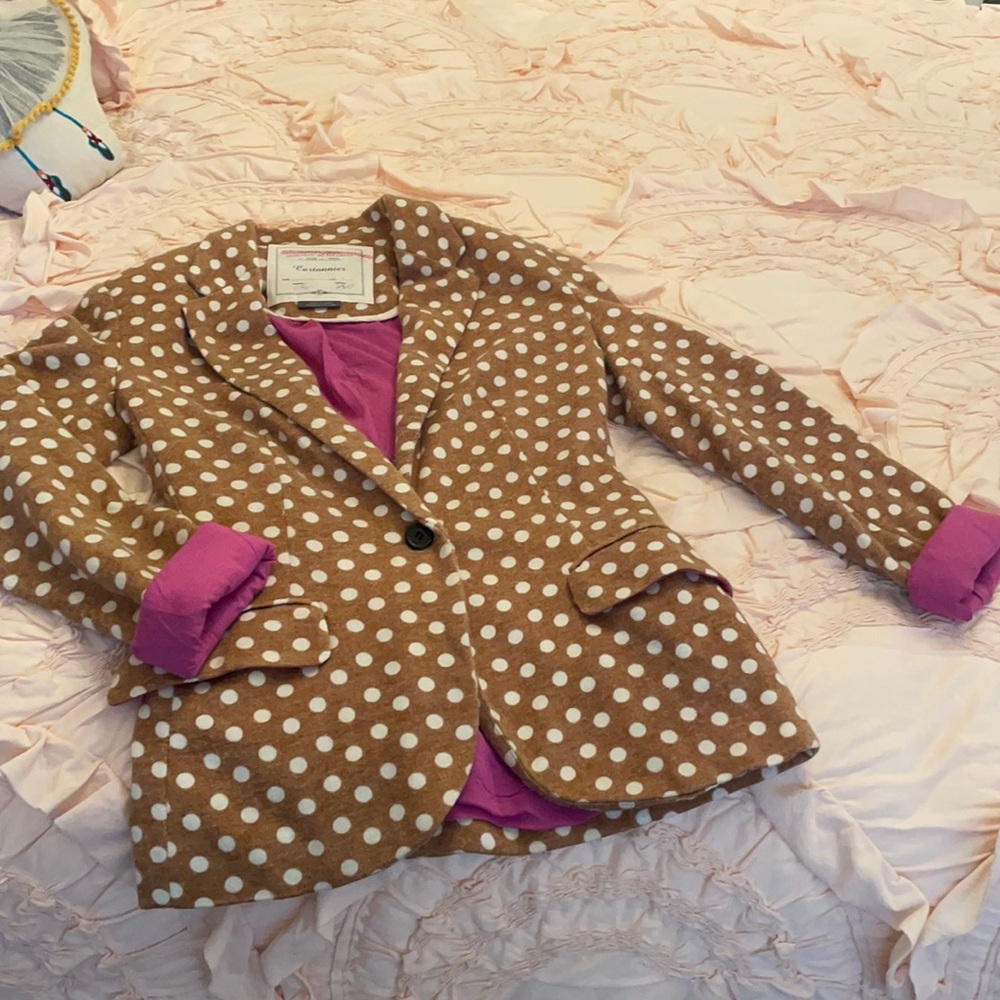Anthropologie Cartonnier dot jacket!! So cozy and cute, fuschia lining.